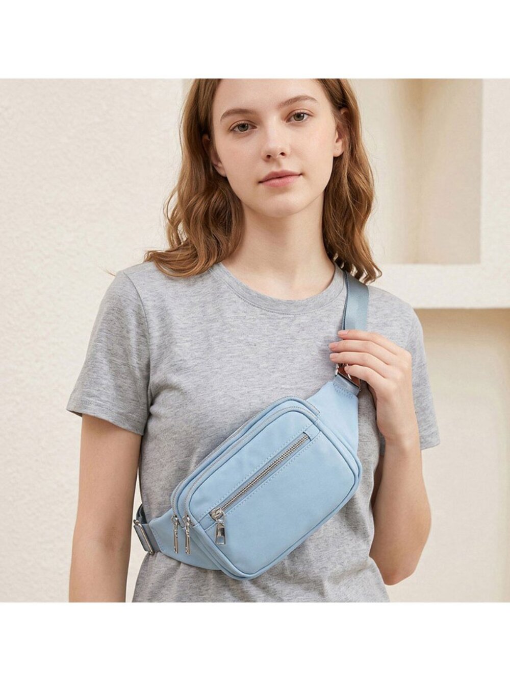 Tigerstars Solid Light Blue Multi-Zip Waist Belt Fanny Pack Crossbody Sling Bag